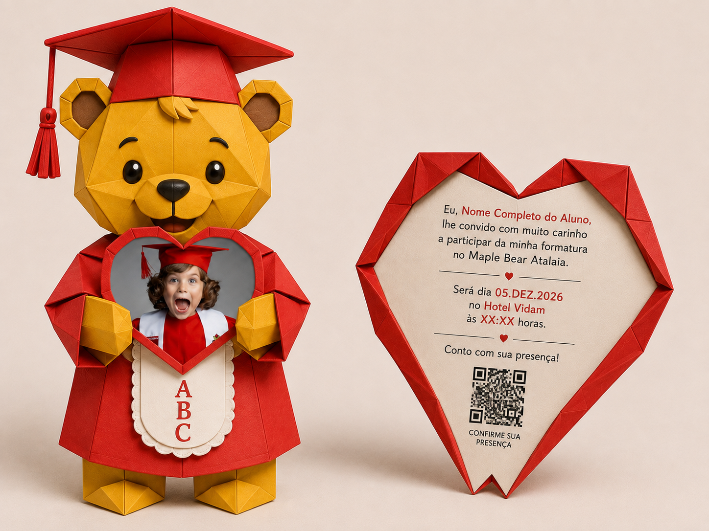 Convite individual Origami — Urso e coração com a mensagem da formatura